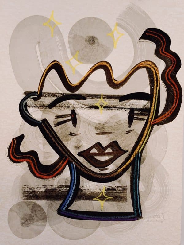 Obra original Intuición de Petita Lechatrose, con una figura femenina rodeada de líneas, formas circulares y estrellas doradas sobre un fondo claro, en tonos negro, rojo, azul y dorado.