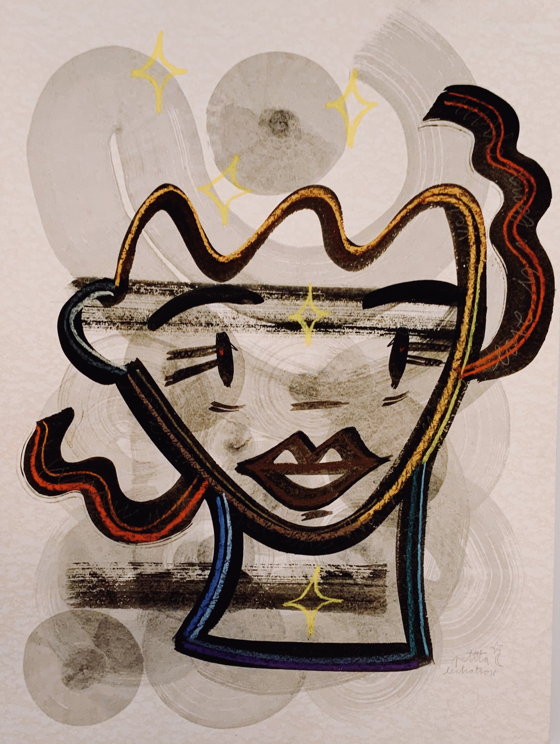 Obra original Intuición de Petita Lechatrose, con una figura femenina rodeada de líneas, formas circulares y estrellas doradas sobre un fondo claro, en tonos negro, rojo, azul y dorado.