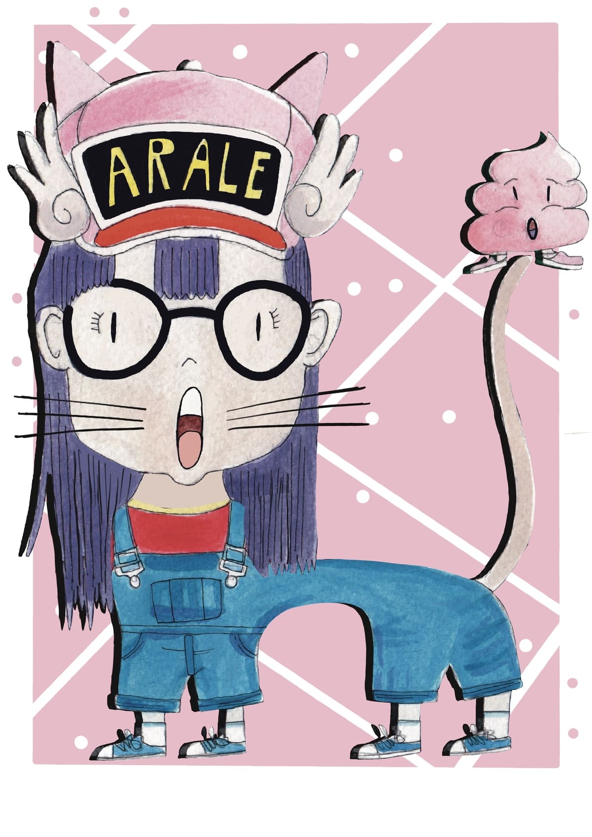 Ilustración de un gato inspirado en Arale, con gafas y gorra características, reinterpretado en estilo contemporáneo dentro de la colección Oh My Cat de Petita Lechatrose.