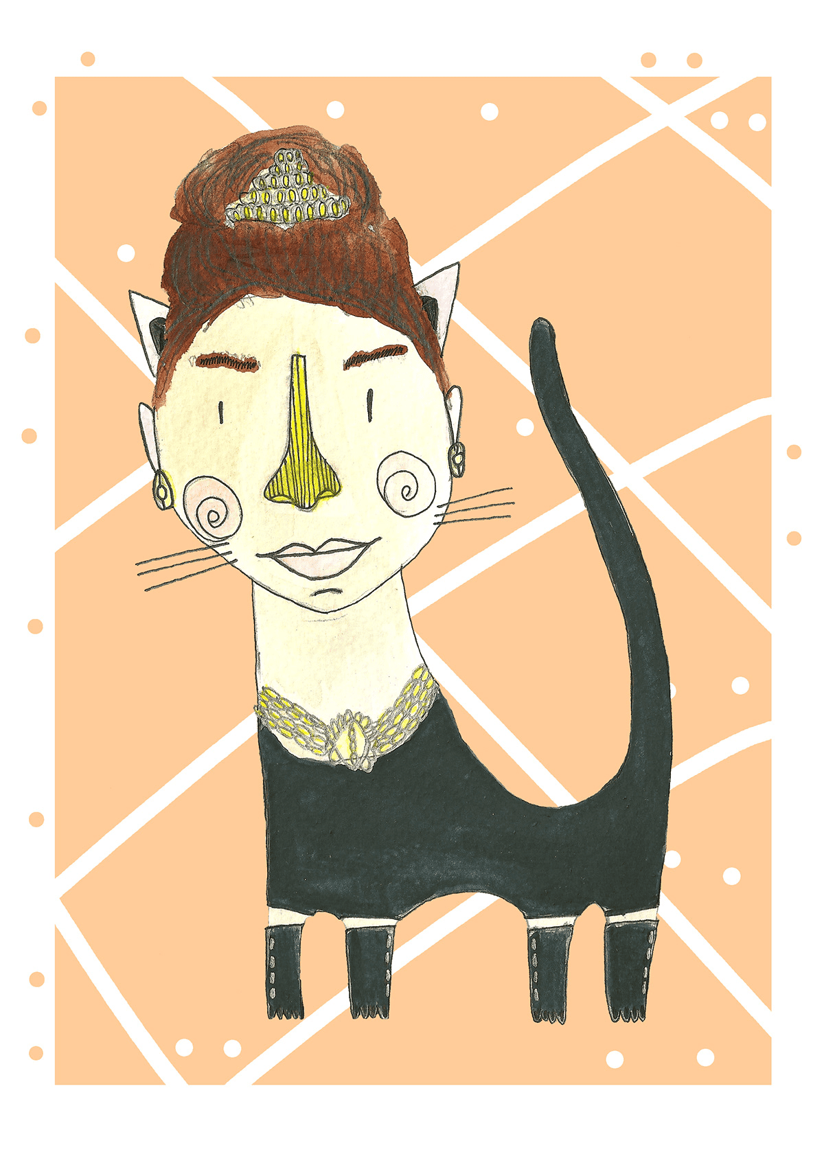 Ilustración de un gato inspirado en Audrey Hepburn con su icónico estilo elegante, perteneciente a la colección Oh My Cat de Petita Lechatrose.