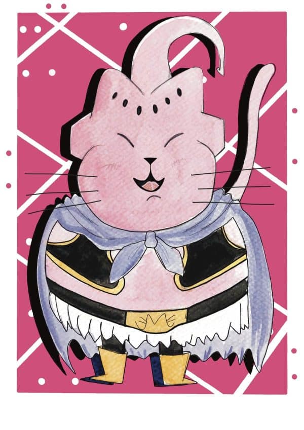 Ilustración de Bu reinterpretado como un gato con estética contemporánea, inspirada en el universo Dragon Ball y perteneciente a la colección Oh My Cat de Petita Lechatrose.