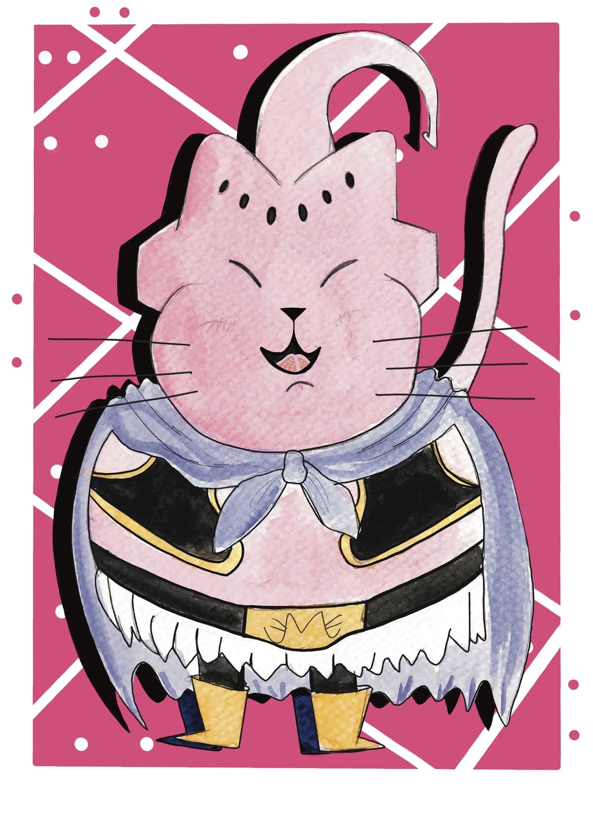 Ilustración de Bu reinterpretado como un gato con estética contemporánea, inspirada en el universo Dragon Ball y perteneciente a la colección Oh My Cat de Petita Lechatrose.