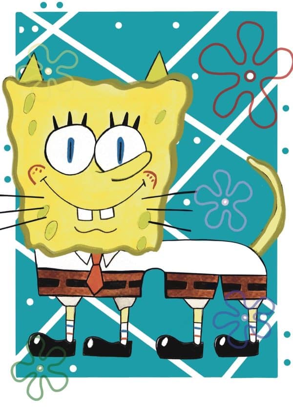 Ilustración de Bob Esponja reinterpretado como un gato con estética contemporánea, inspirada en la serie de animación y perteneciente a la colección Oh My Cat de Petita Lechatrose.