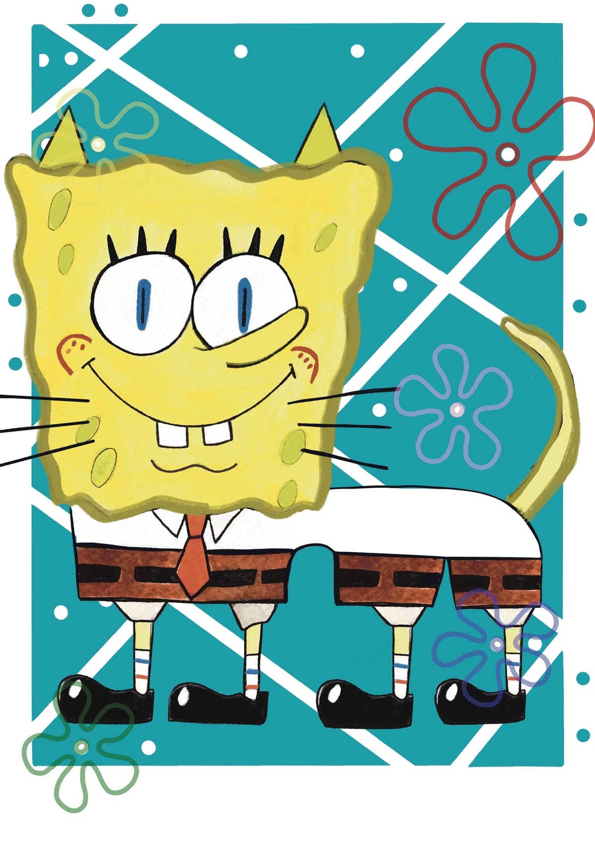 Ilustración de Bob Esponja reinterpretado como un gato con estética contemporánea, inspirada en la serie de animación y perteneciente a la colección Oh My Cat de Petita Lechatrose.