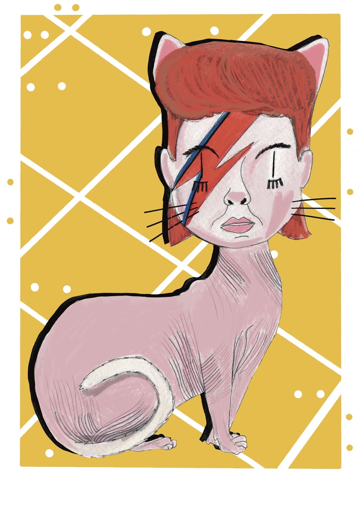 Ilustración de David Bowie reinterpretado como un gato con estética contemporánea, inspirada en el legendario músico británico y perteneciente a la colección Oh My Cat de Petita Lechatrose.