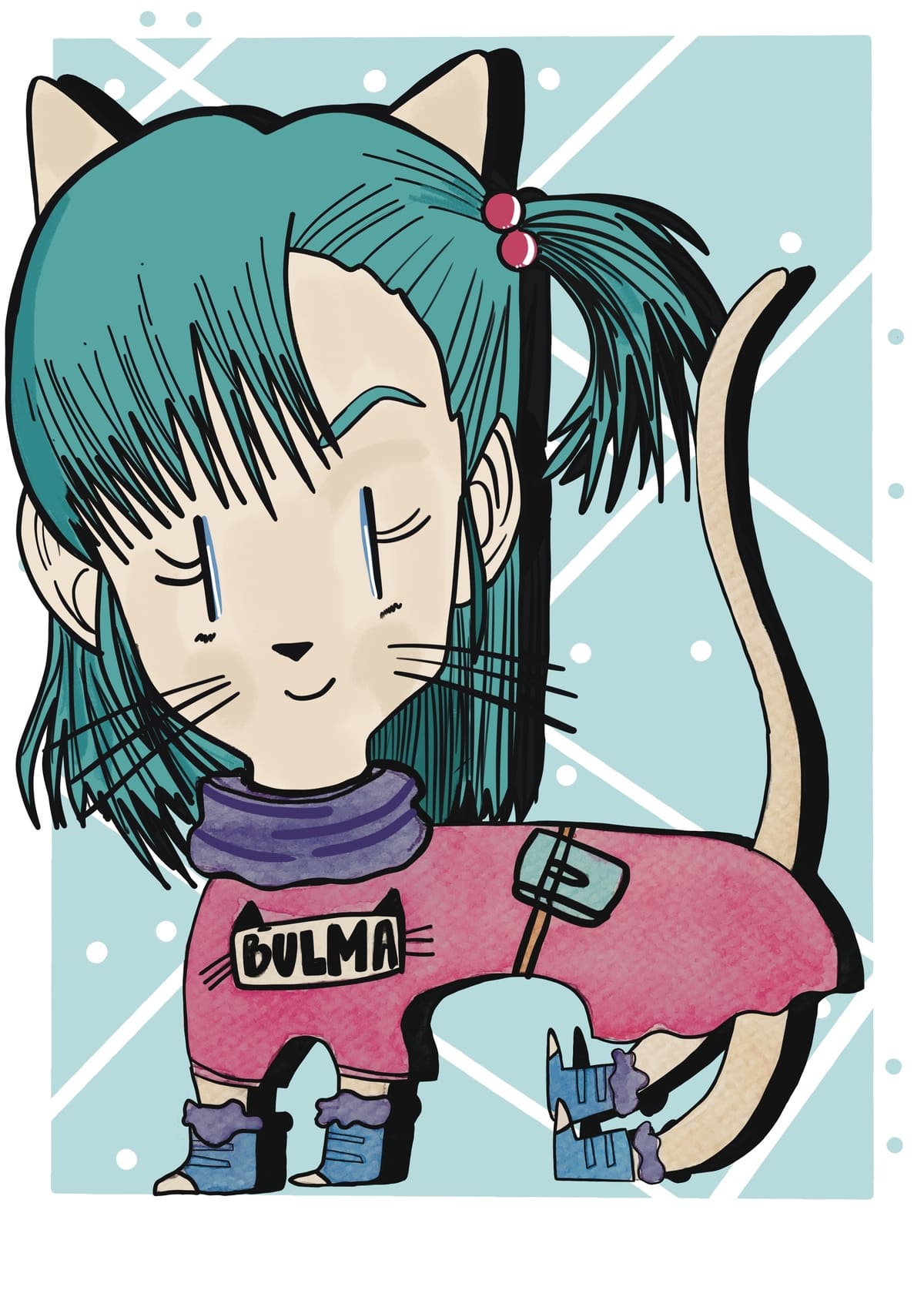 Ilustración de un gato inspirado en Bulma, reinterpretado en un estilo contemporáneo dentro de la colección Oh My Cat de Petita Lechatrose.