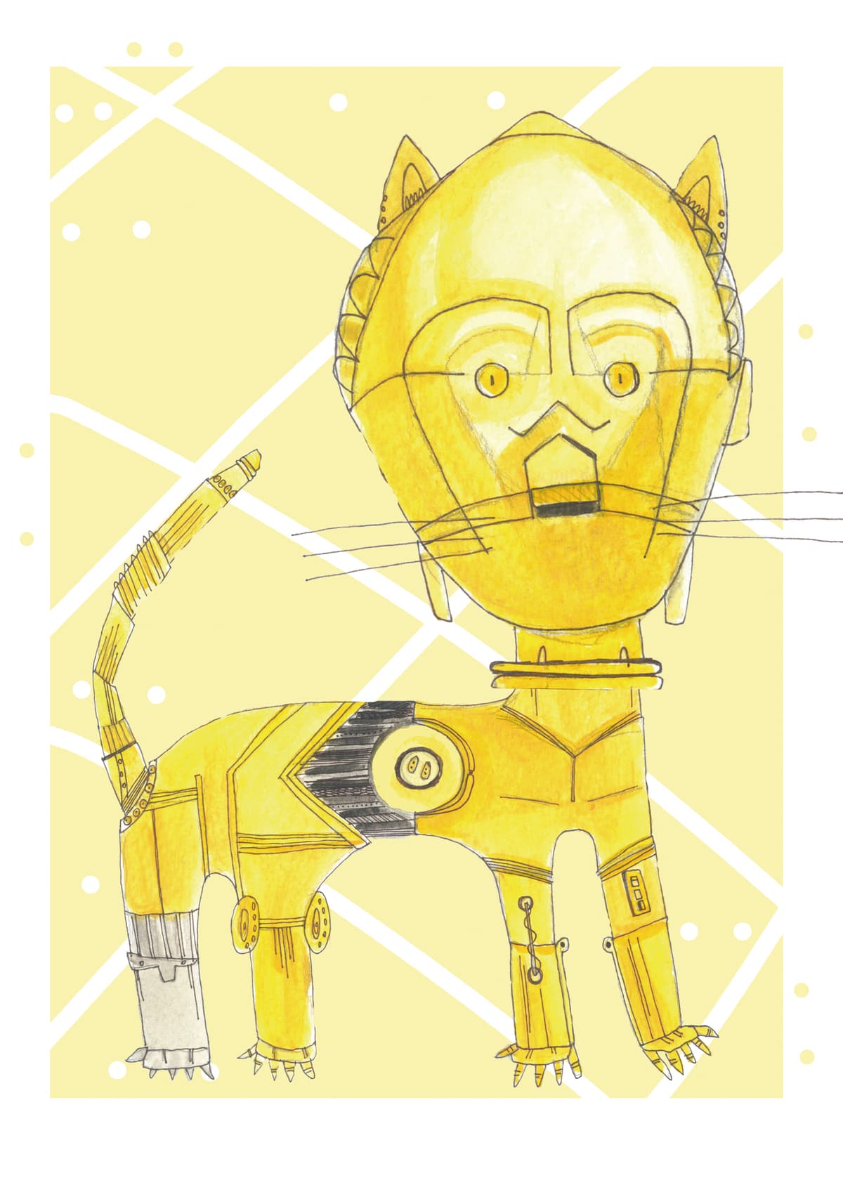 Ilustración de C-3PO reinterpretado como un gato con estética contemporánea, inspirada en el universo Star Wars y perteneciente a la colección Oh My Cat de Petita Lechatrose.
