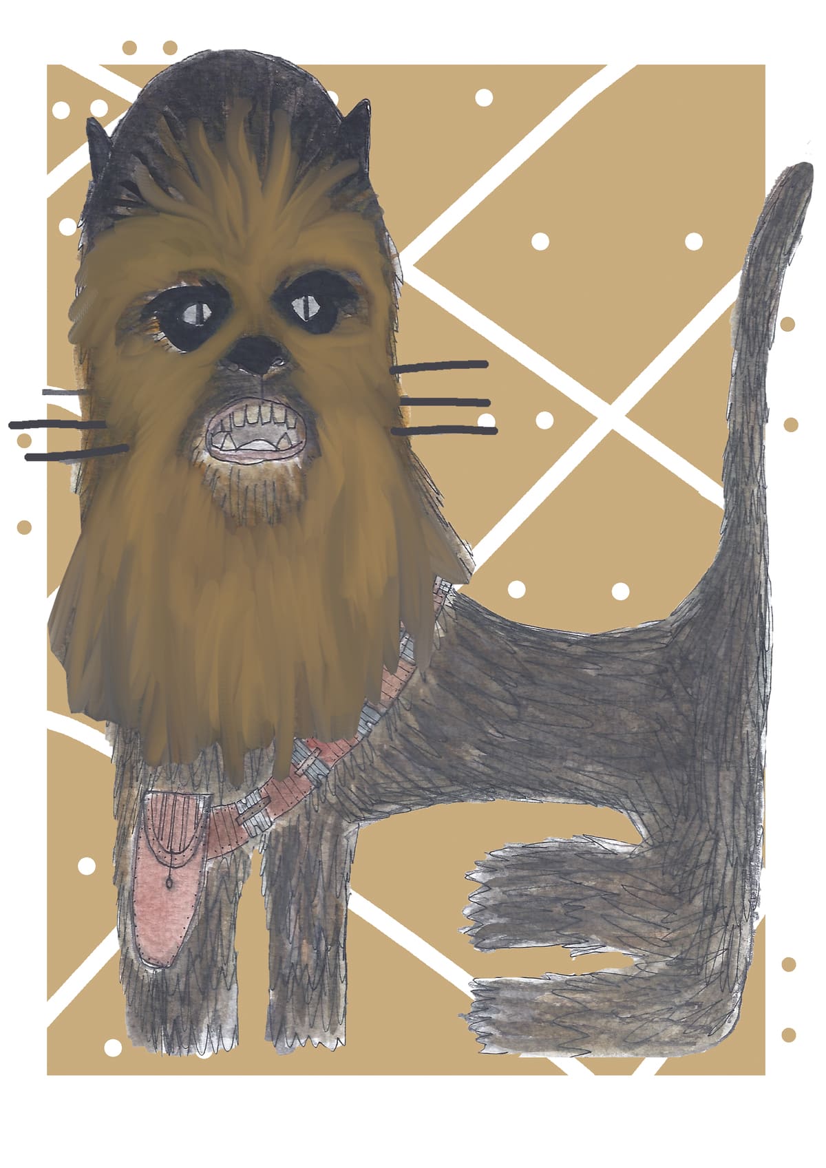 Ilustración de un gato inspirado en Chewbacca, reinterpretado en un estilo contemporáneo dentro de la colección Oh My Cat de Petita Lechatrose.