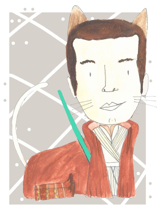 Ilustración de un gato inspirado en un caballero Jedi, con sable de luz y túnica, reinterpretado en un estilo contemporáneo dentro de la colección Oh My Cat de Petita Lechatrose.