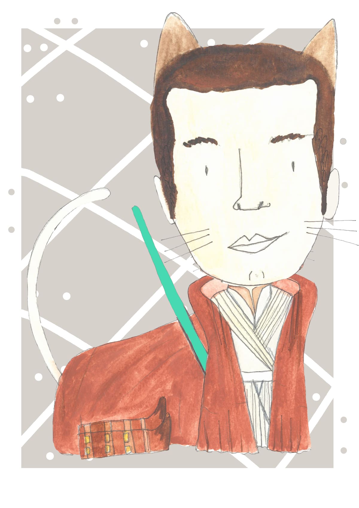 Ilustración de un gato inspirado en un caballero Jedi, con sable de luz y túnica, reinterpretado en un estilo contemporáneo dentro de la colección Oh My Cat de Petita Lechatrose.