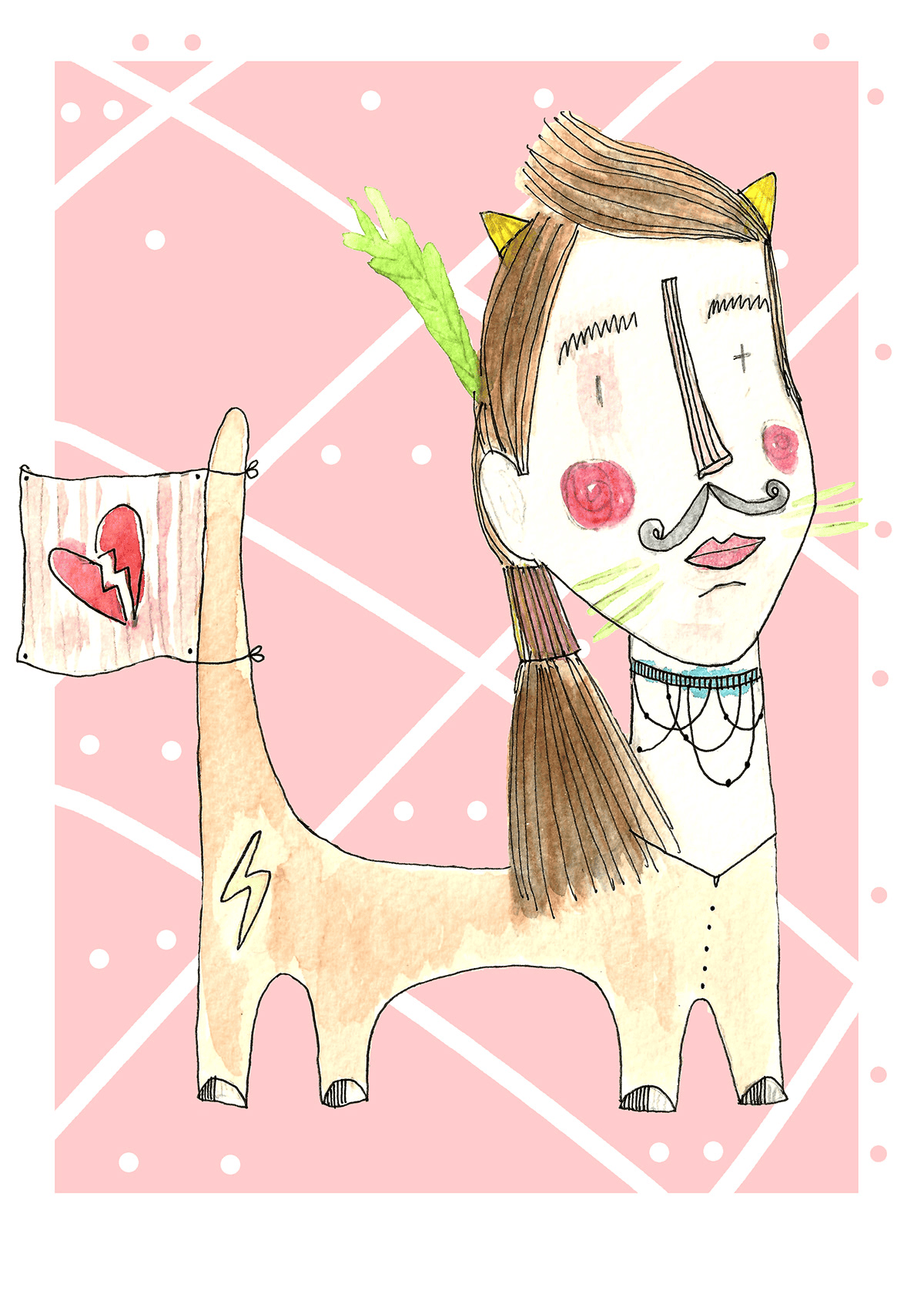 Ilustración de Bianca Casady, de CocoRosie, reinterpretada como una gata con estética contemporánea y perteneciente a la colección Oh My Cat de Petita Lechatrose.