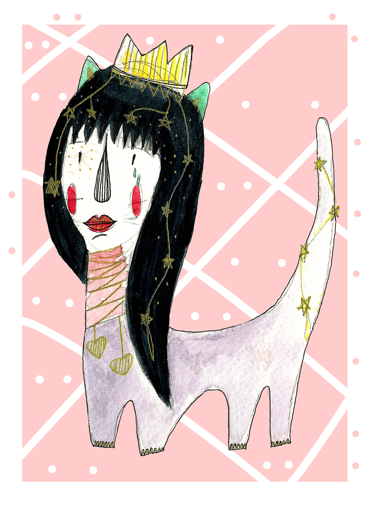 Ilustración de Sierra Casady, de CocoRosie, reinterpretada como una gata con estética contemporánea y perteneciente a la colección Oh My Cat de Petita Lechatrose.