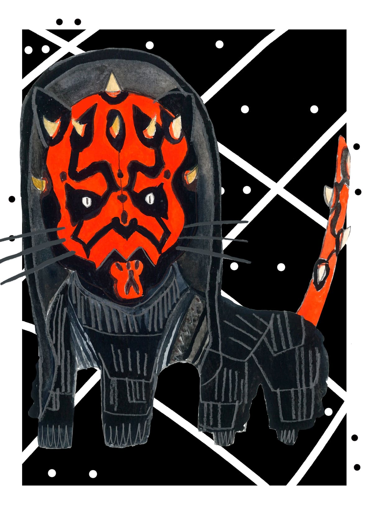 Ilustración de Darth Maul reinterpretado como un gato con estética contemporánea, inspirada en el universo Star Wars y perteneciente a la colección Oh My Cat de Petita Lechatrose.