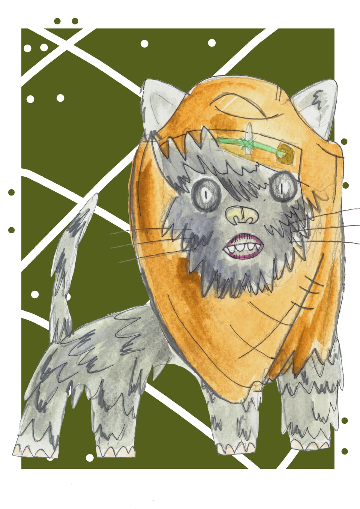 Ilustración de un gato inspirado en los Ewoks, reinterpretado en un estilo contemporáneo dentro de la colección Oh My Cat de Petita Lechatrose.