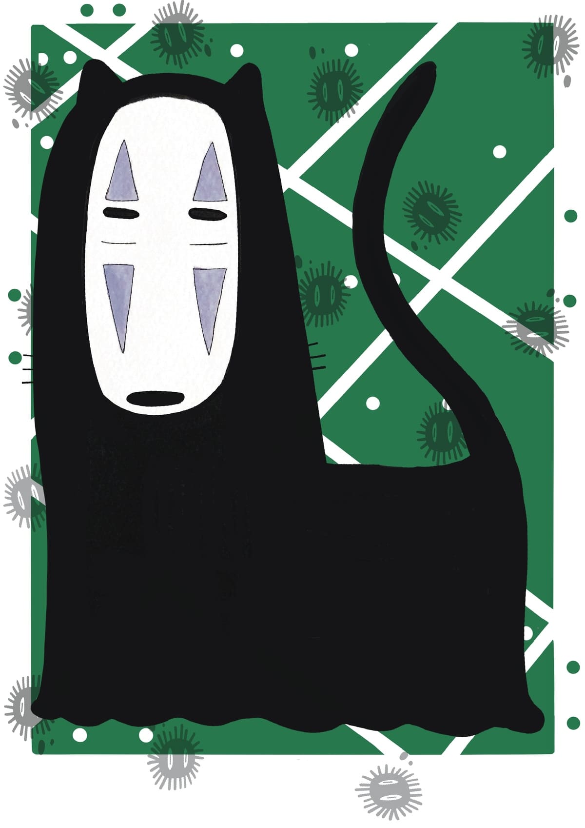 Ilustración de Sin Cara reinterpretado como un gato con estética contemporánea, inspirada en El viaje de Chihiro de Studio Ghibli y perteneciente a la colección Oh My Cat de Petita Lechatrose.