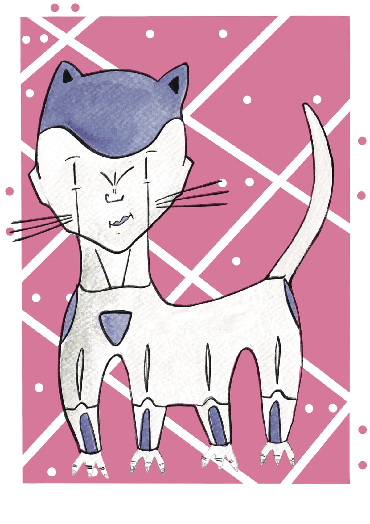 Ilustración de Freezer reinterpretado como un gato con estética contemporánea, inspirada en el universo Dragon Ball y perteneciente a la colección Oh My Cat de Petita Lechatrose.