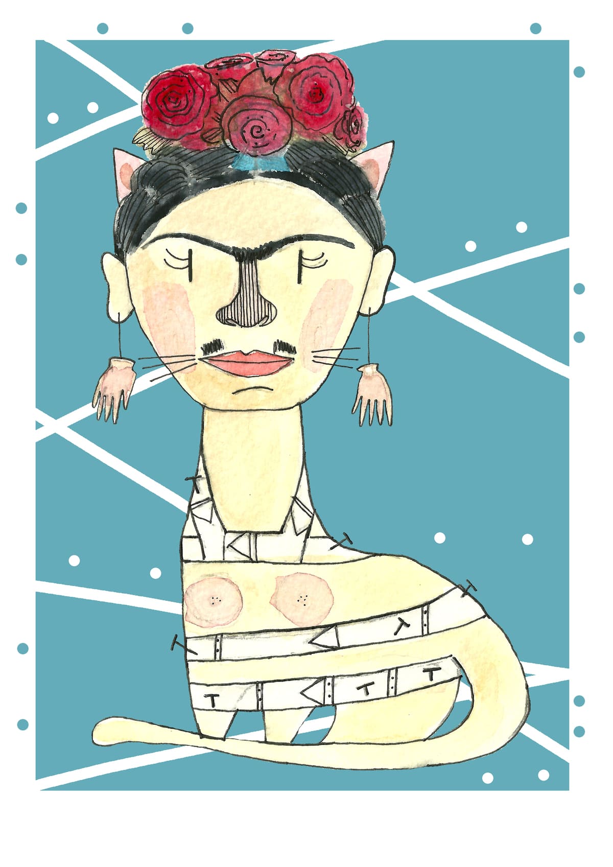 Ilustración de un gato inspirado en Frida Kahlo con corona de flores y colores vivos, perteneciente a la colección Oh My Cat de Petita Lechatrose.