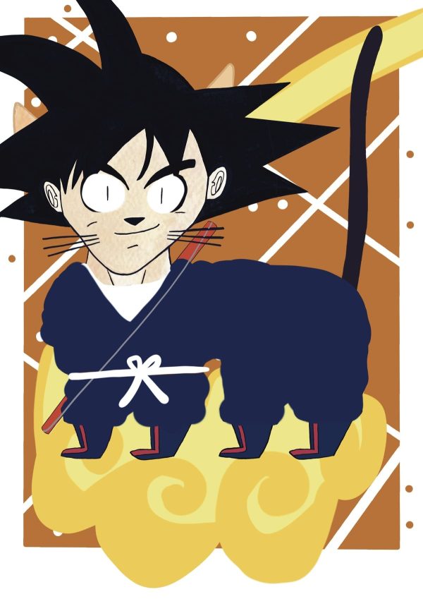 Ilustración de un gato inspirado en Son Goku viajando sobre su nube voladora, reinterpretado en un estilo contemporáneo dentro de la colección Oh My Cat de Petita Lechatrose.