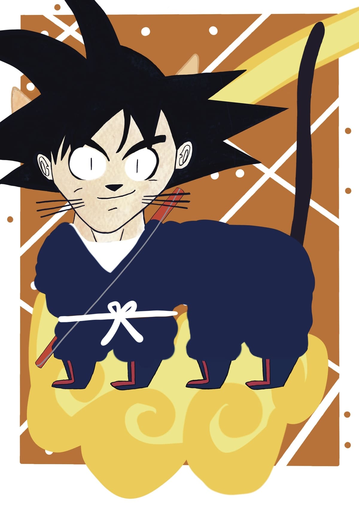 Ilustración de un gato inspirado en Son Goku viajando sobre su nube voladora, reinterpretado en un estilo contemporáneo dentro de la colección Oh My Cat de Petita Lechatrose.