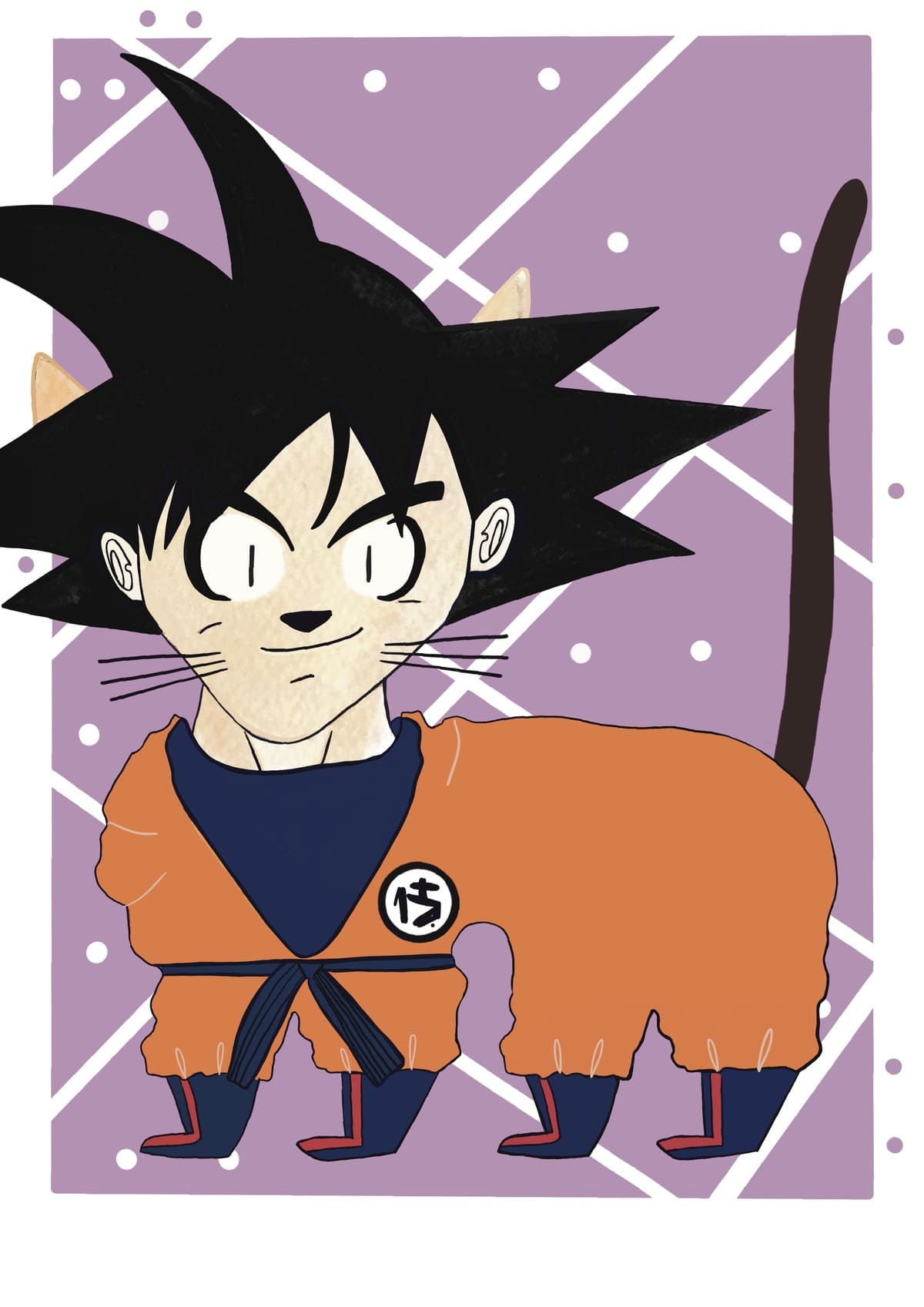 Ilustración de Goku reinterpretado como un gato con estética contemporánea, inspirada en el universo Dragon Ball y perteneciente a la colección Oh My Cat de Petita Lechatrose.