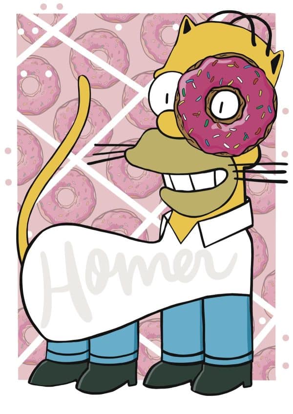 Ilustración de un gato inspirado en Homer Simpson, reinterpretado con un estilo contemporáneo dentro de la colección Oh My Cat de Petita Lechatrose.