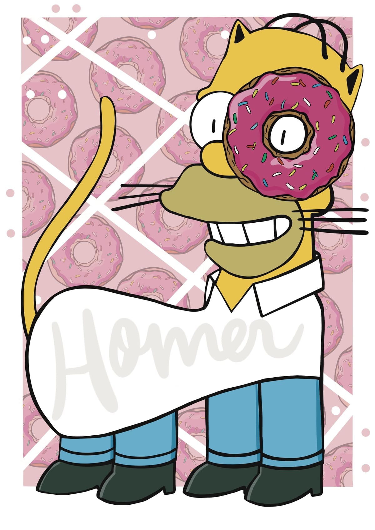 Ilustración de un gato inspirado en Homer Simpson, reinterpretado con un estilo contemporáneo dentro de la colección Oh My Cat de Petita Lechatrose.