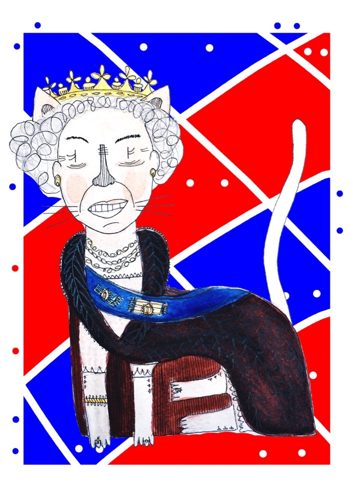 Ilustración de Isabel II reinterpretada como una gata con estética contemporánea, inspirada en la histórica reina británica y perteneciente a la colección Oh My Cat de Petita Lechatrose.