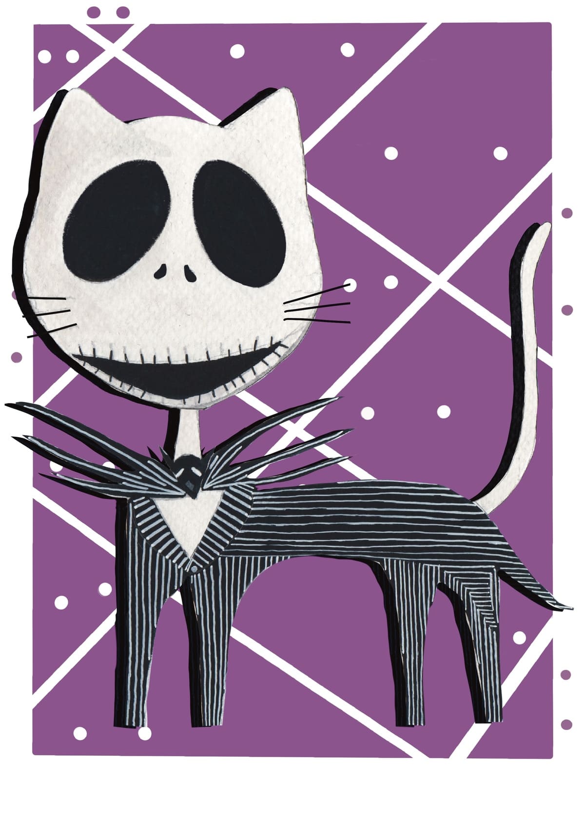 Ilustración de un gato inspirado en Jack Skellington, reinterpretado en un estilo contemporáneo dentro de la colección Oh My Cat de Petita Lechatrose.