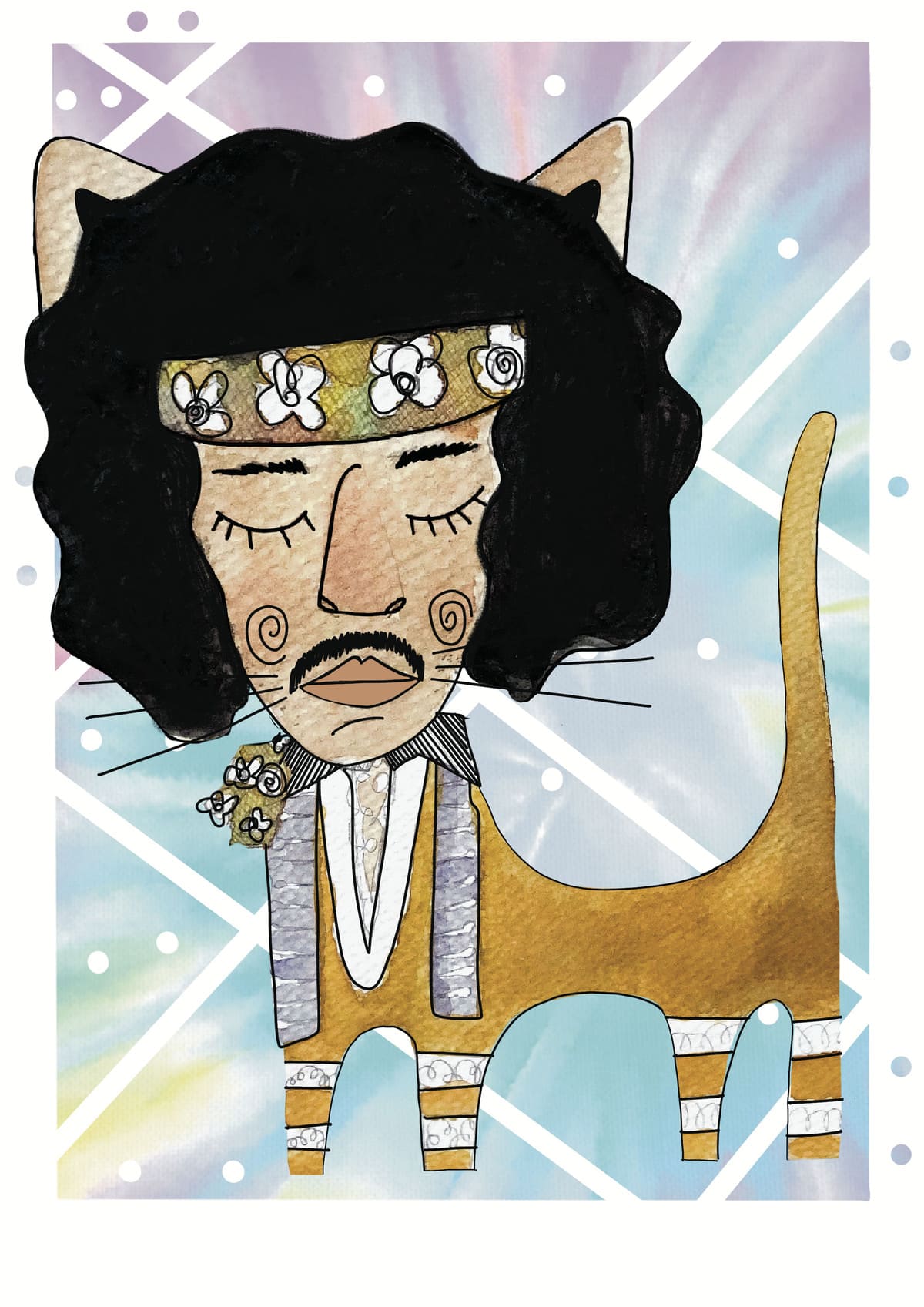 Ilustración de Jimi Hendrix reinterpretado como un gato con estética contemporánea, inspirada en el legendario guitarrista y perteneciente a la colección Oh My Cat de Petita Lechatrose.