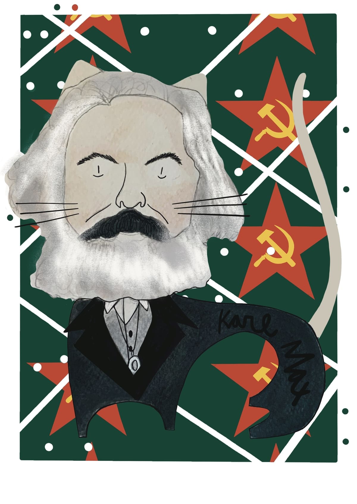 Ilustración de un gato inspirado en Karl Marx, reinterpretado en un estilo contemporáneo dentro de la colección Oh My Cat de Petita Lechatrose.