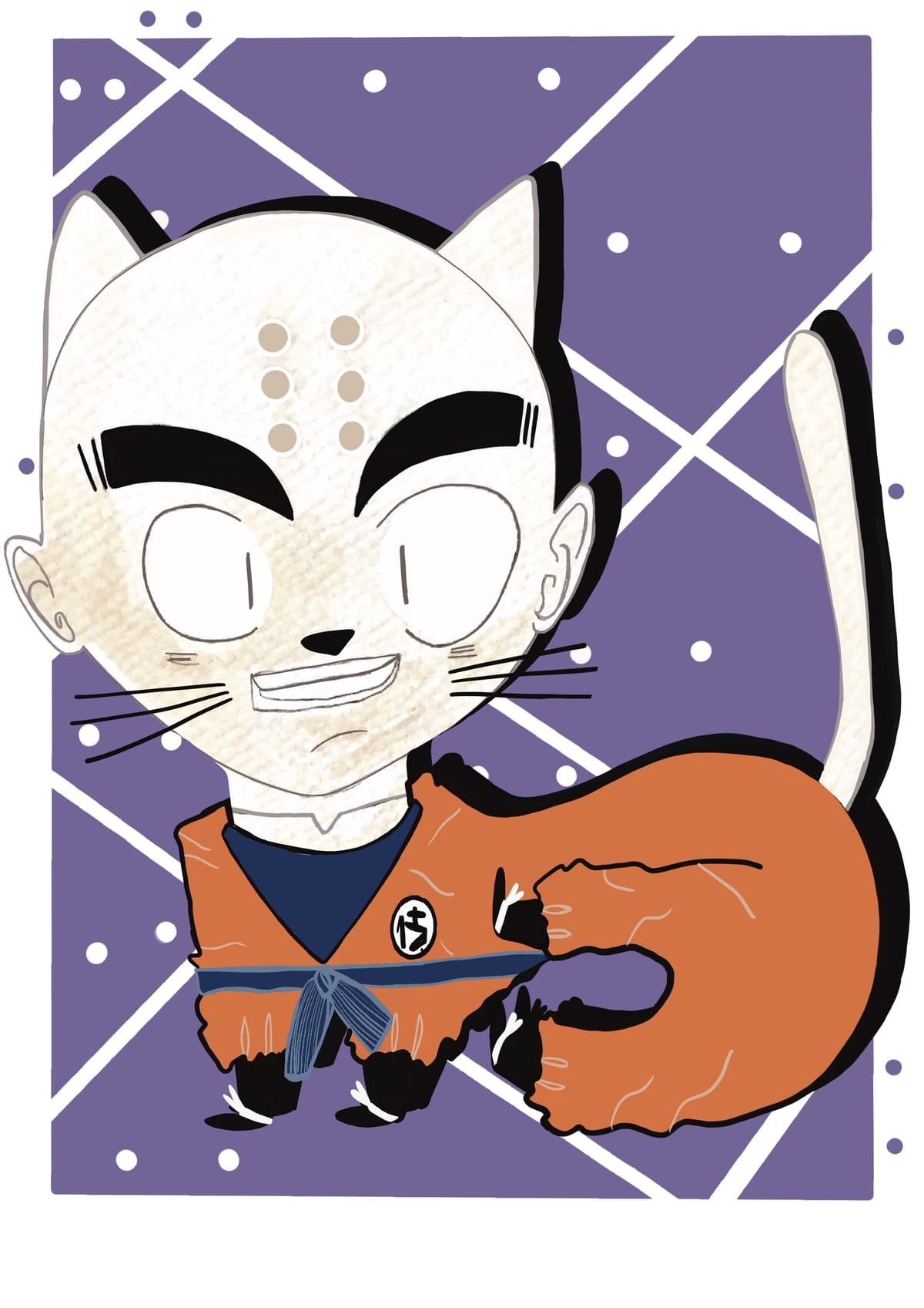 Ilustración de Krilin reinterpretado como un gato con estética contemporánea, inspirada en el universo Dragon Ball y perteneciente a la colección Oh My Cat de Petita Lechatrose.