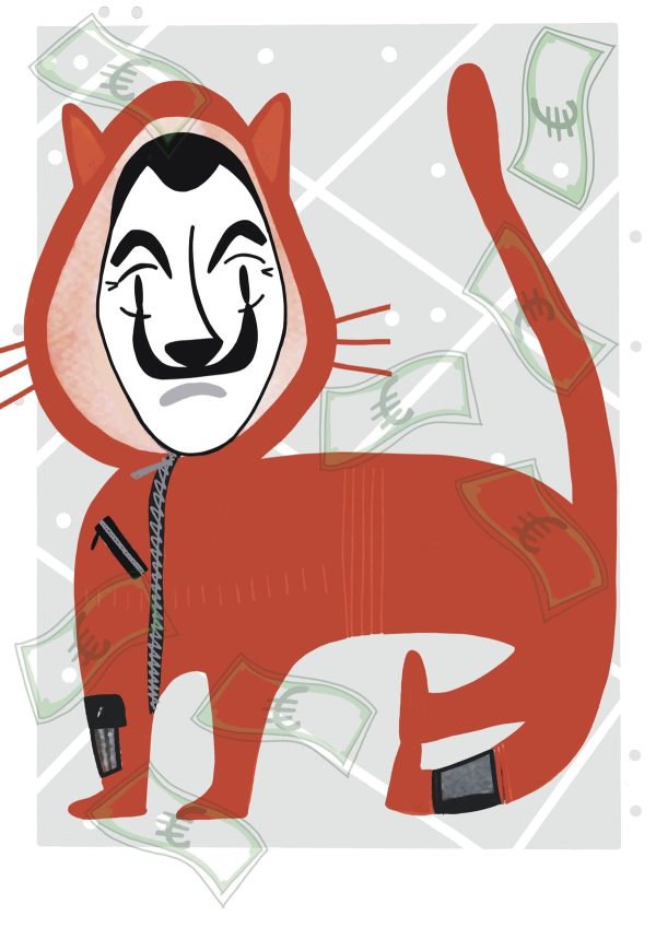 Ilustración inspirada en La Casa de Papel, reinterpretada como un gato con estética contemporánea y perteneciente a la colección Oh My Cat de Petita Lechatrose.