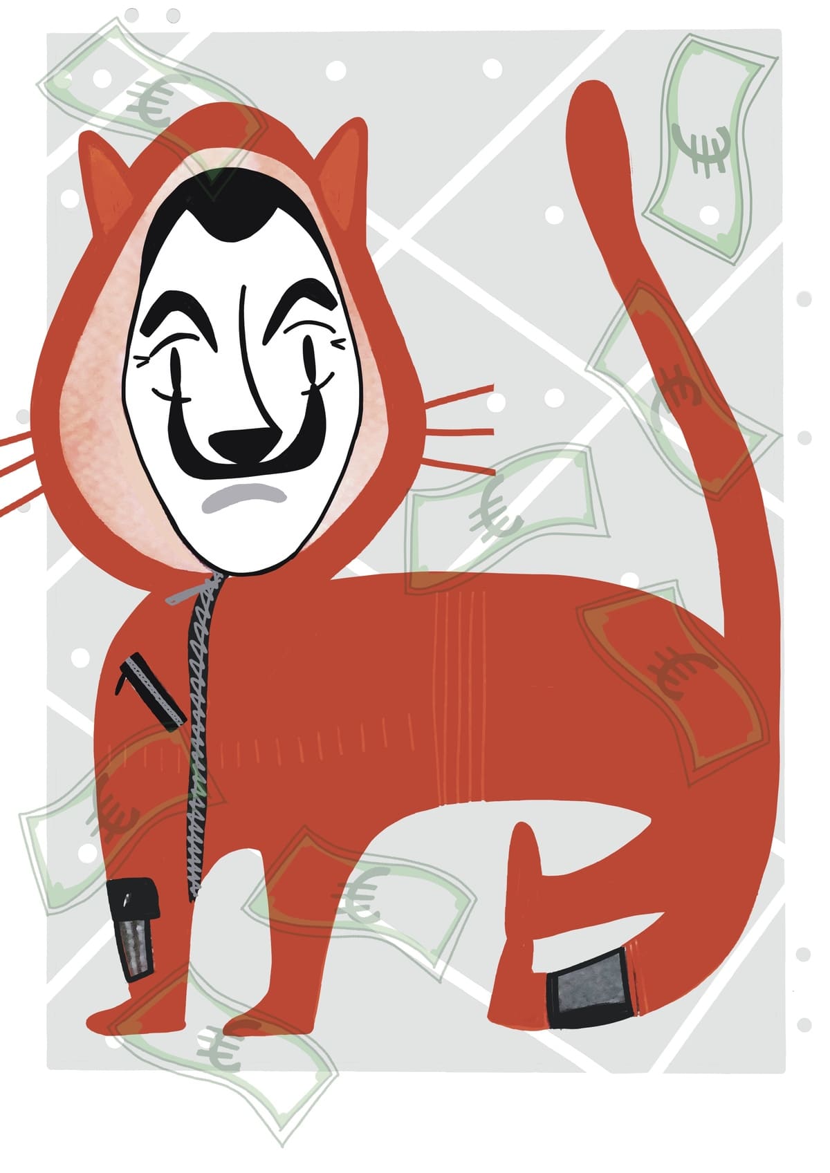 Ilustración inspirada en La Casa de Papel, reinterpretada como un gato con estética contemporánea y perteneciente a la colección Oh My Cat de Petita Lechatrose.
