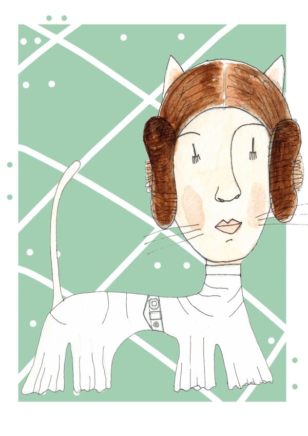 Ilustración de Leia Organa reinterpretada como una gata con estética contemporánea, inspirada en el universo Star Wars y perteneciente a la colección Oh My Cat de Petita Lechatrose.