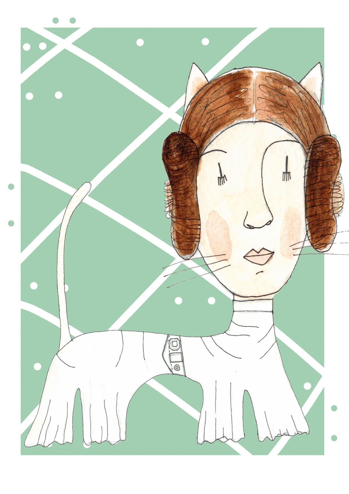 Ilustración de Leia Organa reinterpretada como una gata con estética contemporánea, inspirada en el universo Star Wars y perteneciente a la colección Oh My Cat de Petita Lechatrose.