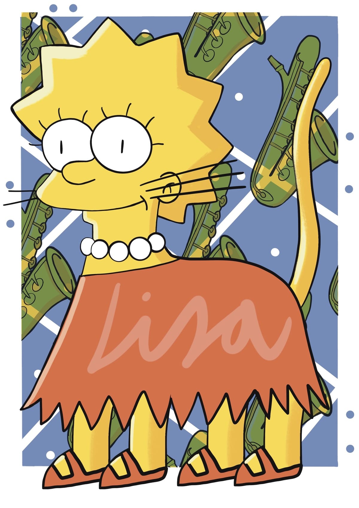 Ilustración de un gato inspirado en Lisa Simpson, reinterpretado con un estilo contemporáneo dentro de la colección Oh My Cat de Petita Lechatrose.