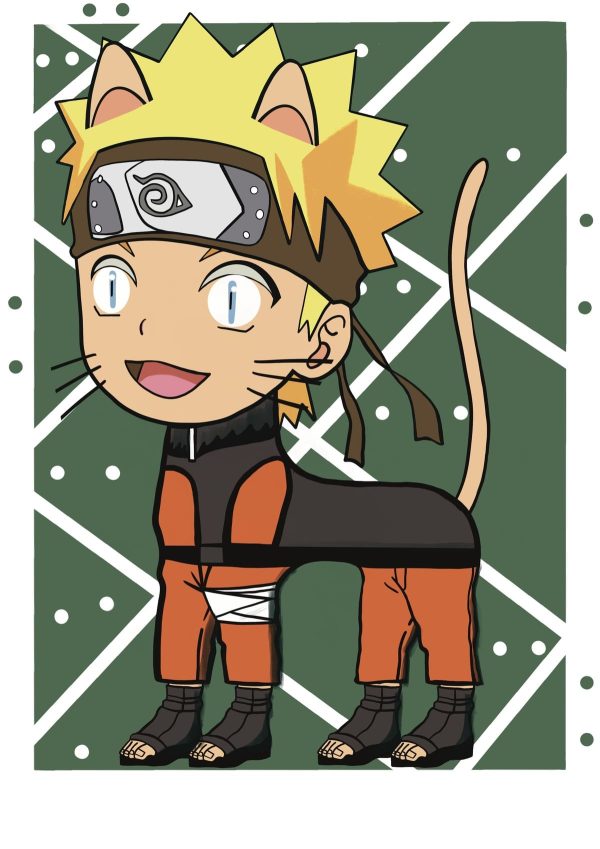 Ilustración de Naruto Uzumaki reinterpretado como un gato con estética contemporánea, inspirada en el universo del anime y perteneciente a la colección Oh My Cat de Petita Lechatrose.