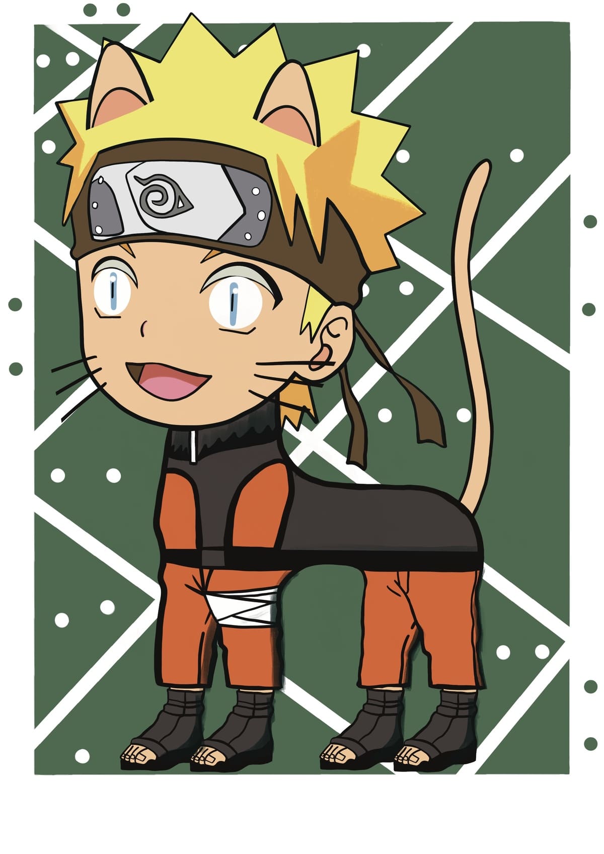 Ilustración de Naruto Uzumaki reinterpretado como un gato con estética contemporánea, inspirada en el universo del anime y perteneciente a la colección Oh My Cat de Petita Lechatrose.