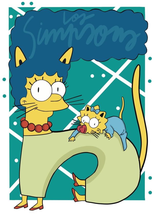 Ilustración de un gato inspirado en Marge Simpson, con su característico peinado azul, reinterpretado en un estilo contemporáneo dentro de la colección Oh My Cat de Petita Lechatrose.