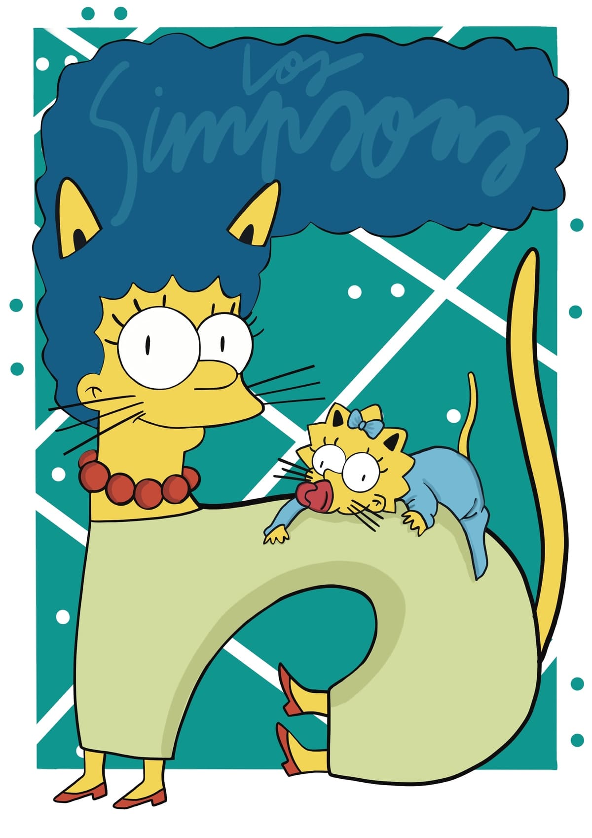 Ilustración de un gato inspirado en Marge Simpson, con su característico peinado azul, reinterpretado en un estilo contemporáneo dentro de la colección Oh My Cat de Petita Lechatrose.