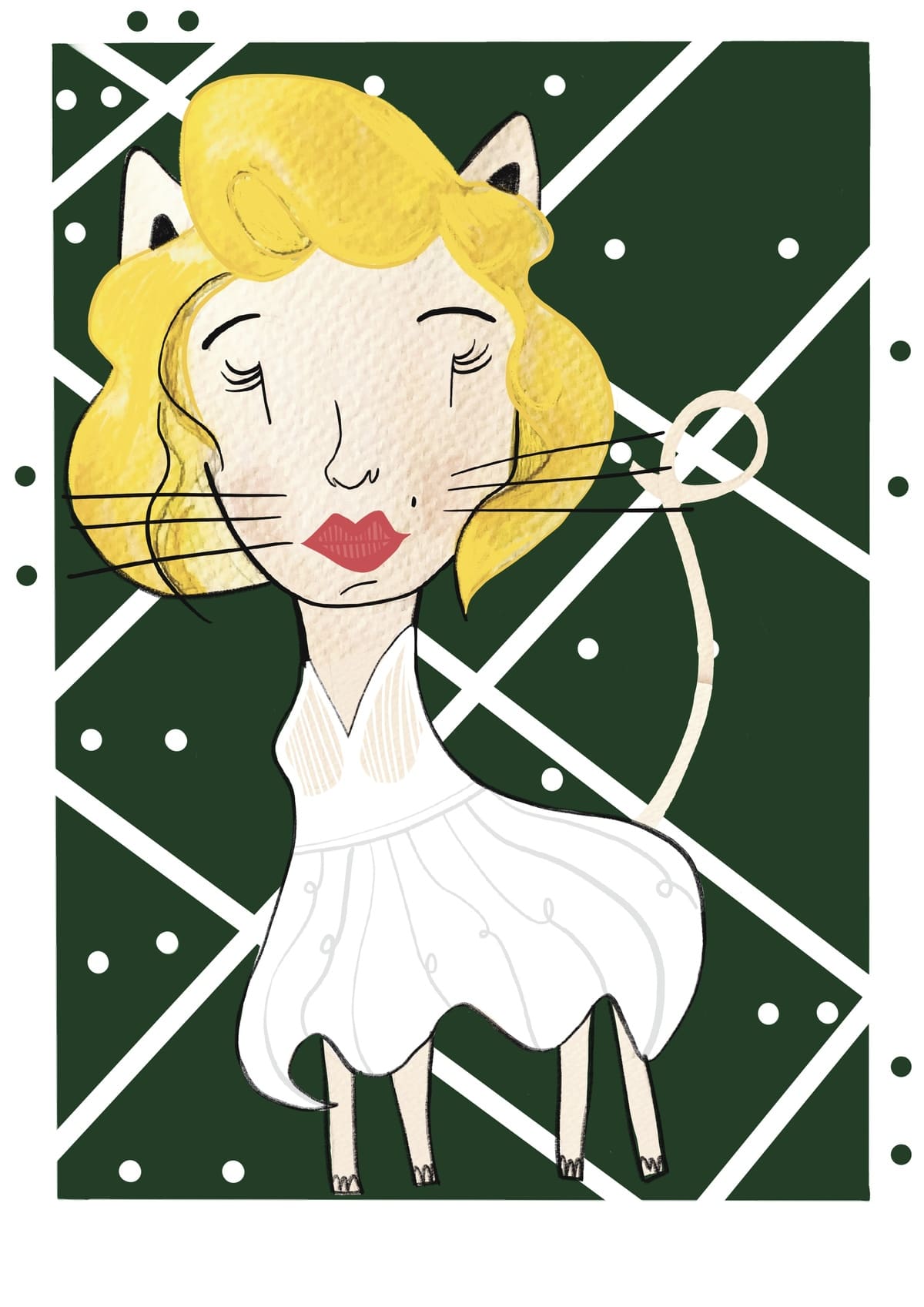 Ilustración de Marilyn Monroe reinterpretada como una gata con estética contemporánea, inspirada en la icónica actriz de Hollywood y perteneciente a la colección Oh My Cat de Petita Lechatrose.