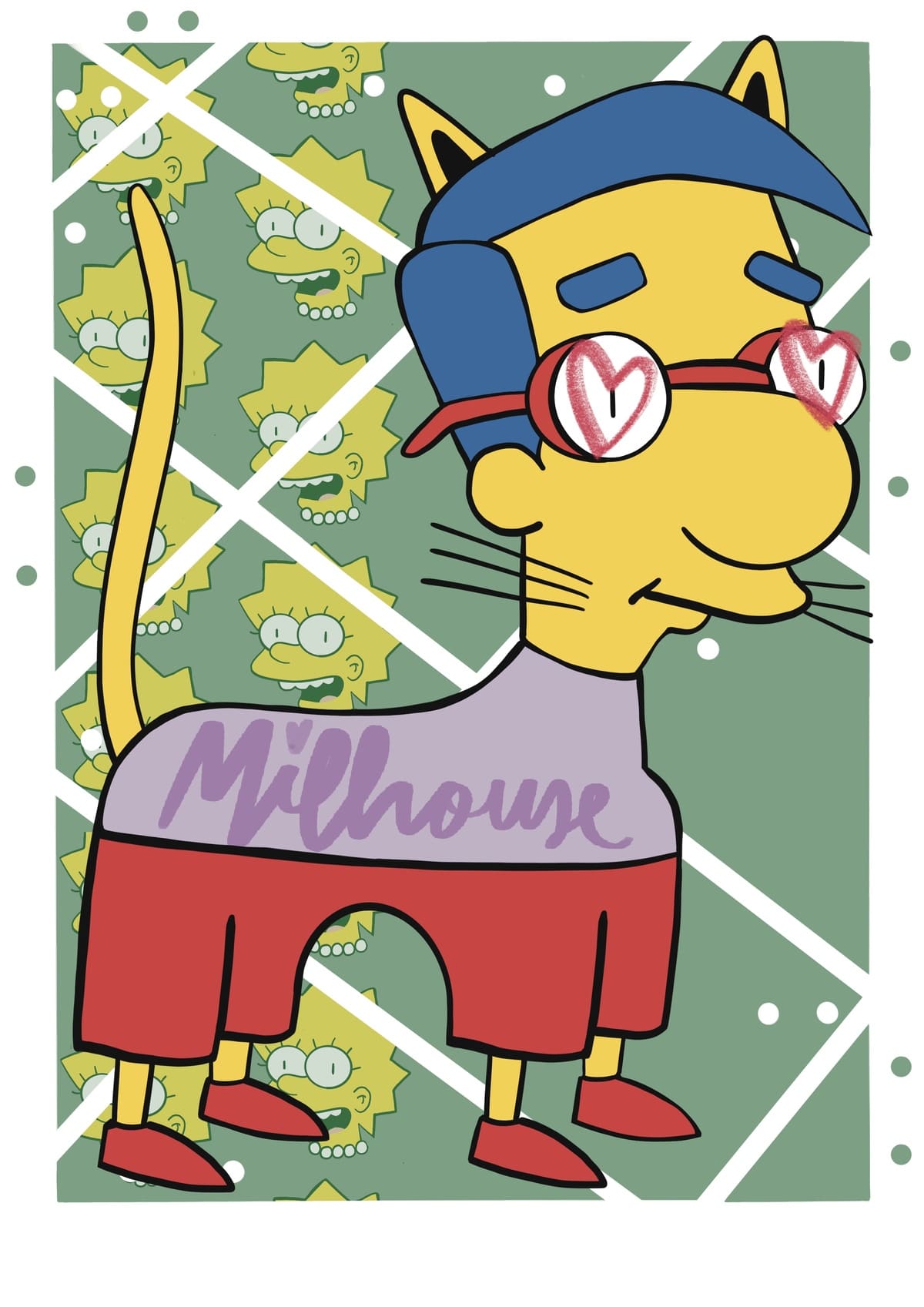 Ilustración de un gato inspirado en Milhouse, reinterpretado con un estilo contemporáneo dentro de la colección Oh My Cat de Petita Lechatrose.