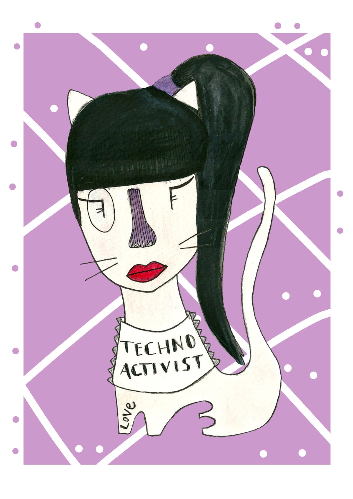 Ilustración de un gato inspirado en Miss Kittin, reinterpretado en un estilo contemporáneo dentro de la colección Oh My Cat de Petita Lechatrose.
