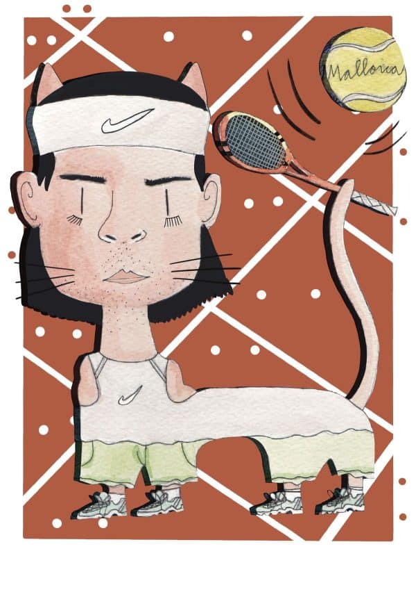 Ilustración de un gato inspirado en Rafa Nadal, reinterpretado con un estilo contemporáneo dentro de la colección Oh My Cat de Petita Lechatrose.