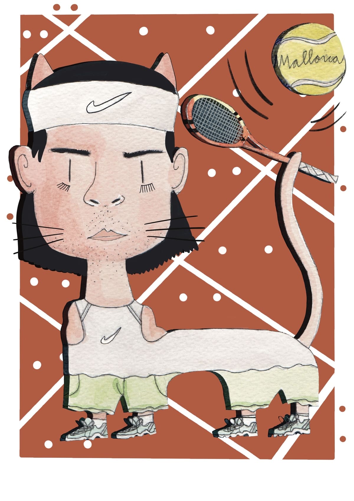 Ilustración de un gato inspirado en Rafa Nadal, reinterpretado con un estilo contemporáneo dentro de la colección Oh My Cat de Petita Lechatrose.