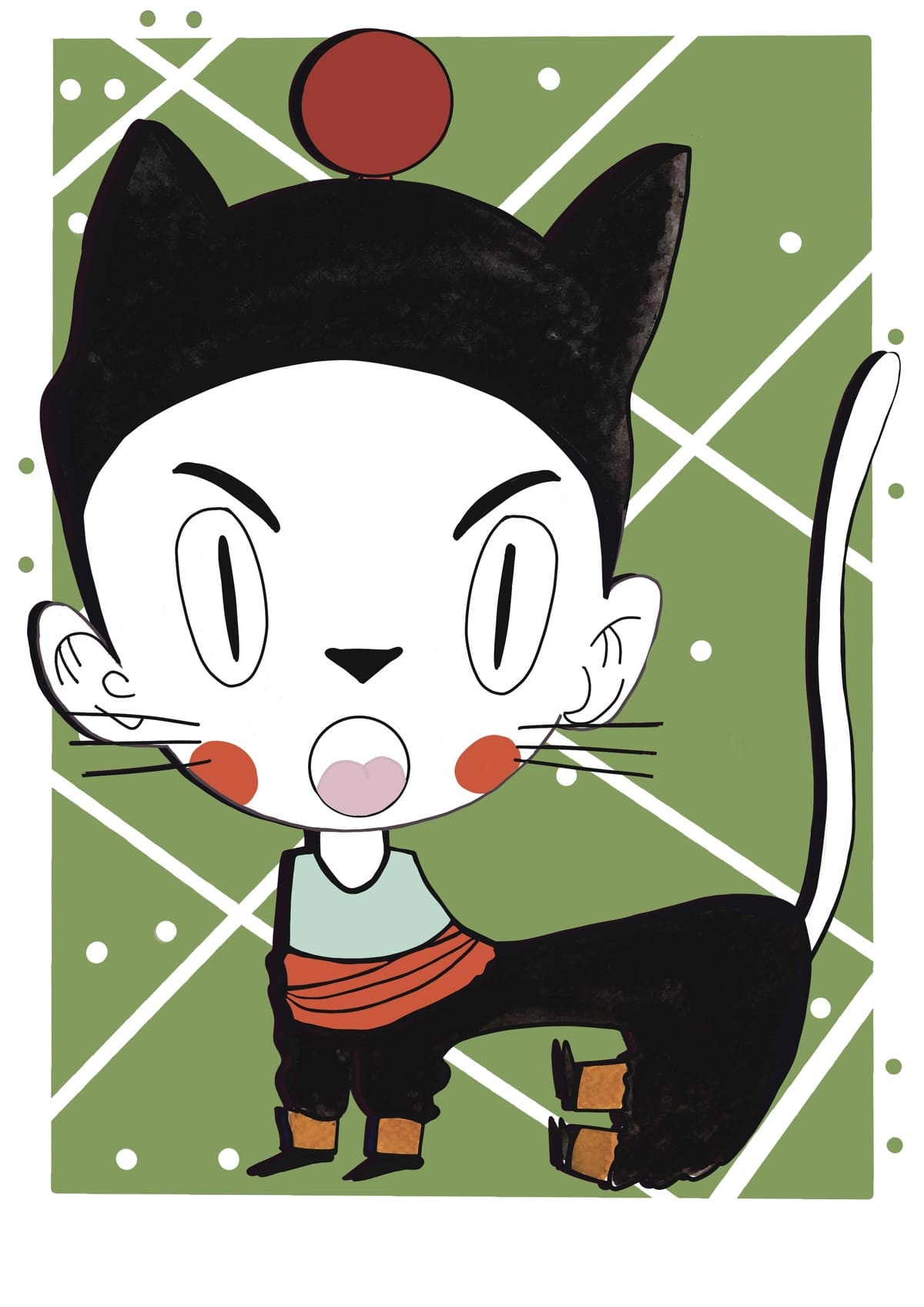 Ilustración de Chaos reinterpretado como un gato con estética contemporánea, inspirada en el universo de los videojuegos y perteneciente a la colección Oh My Cat de Petita Lechatrose.