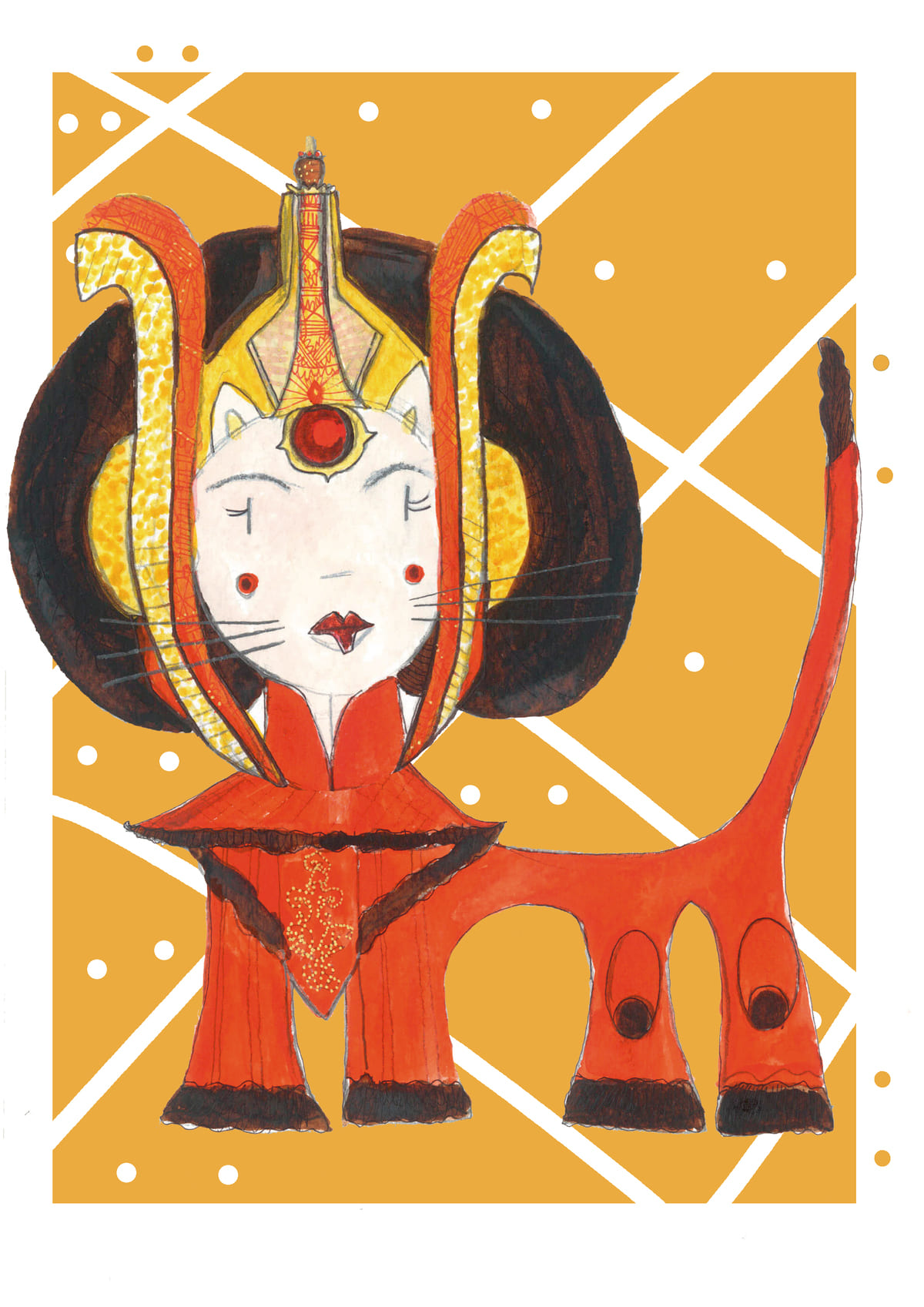Ilustración de Padmé Amidala reinterpretada como una gata con estética contemporánea, inspirada en el universo Star Wars y perteneciente a la colección Oh My Cat de Petita Lechatrose.