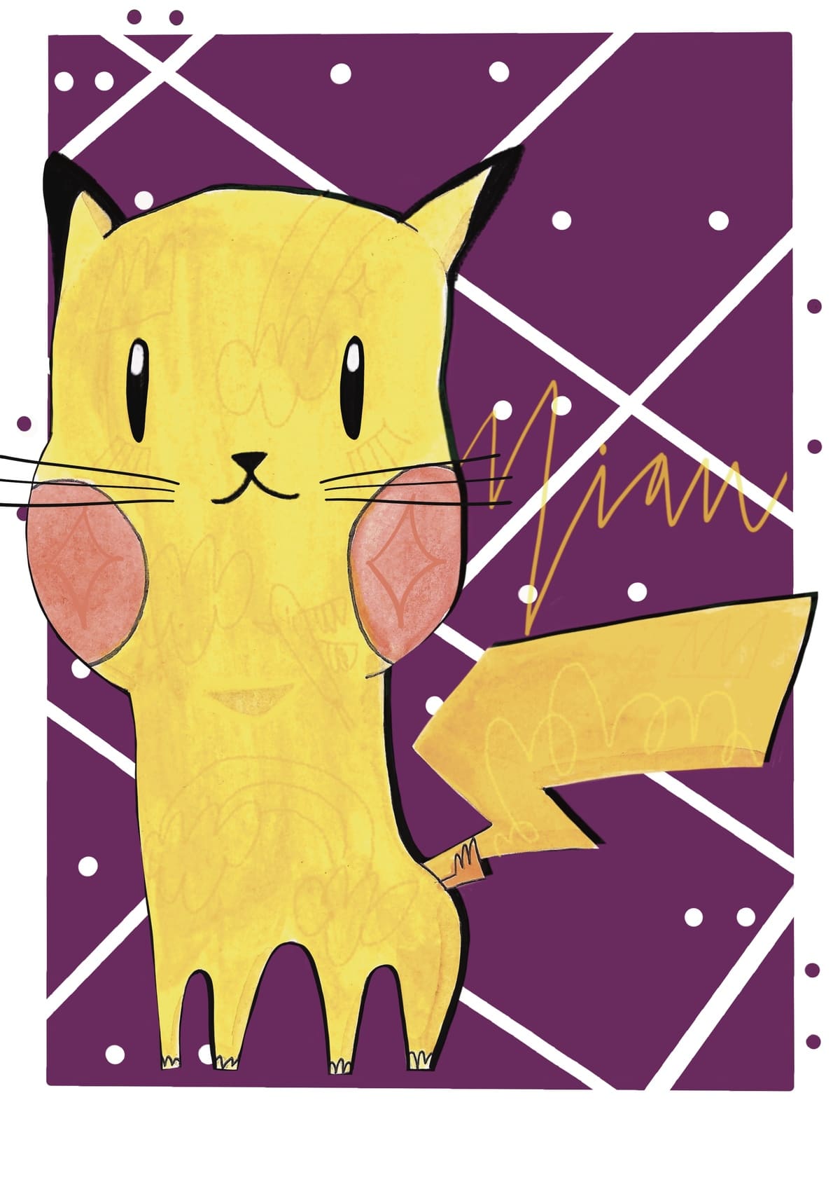 Ilustración de un gato inspirado en Pikachu, reinterpretado en un estilo contemporáneo dentro de la colección Oh My Cat de Petita Lechatrose.