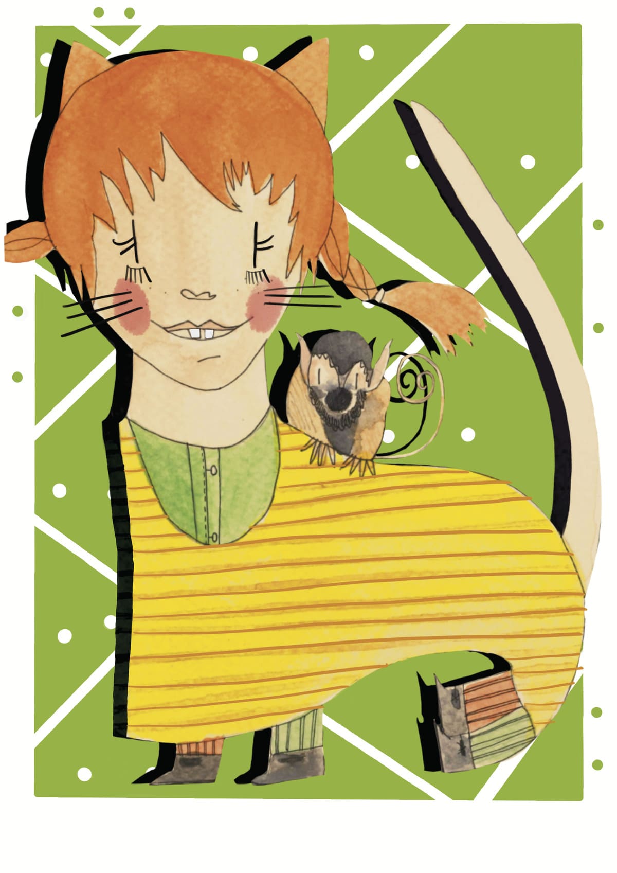 Ilustración de un gato inspirado en Pippi Långstrump, con sus características trenzas pelirrojas, reinterpretado en un estilo contemporáneo dentro de la colección Oh My Cat de Petita Lechatrose.