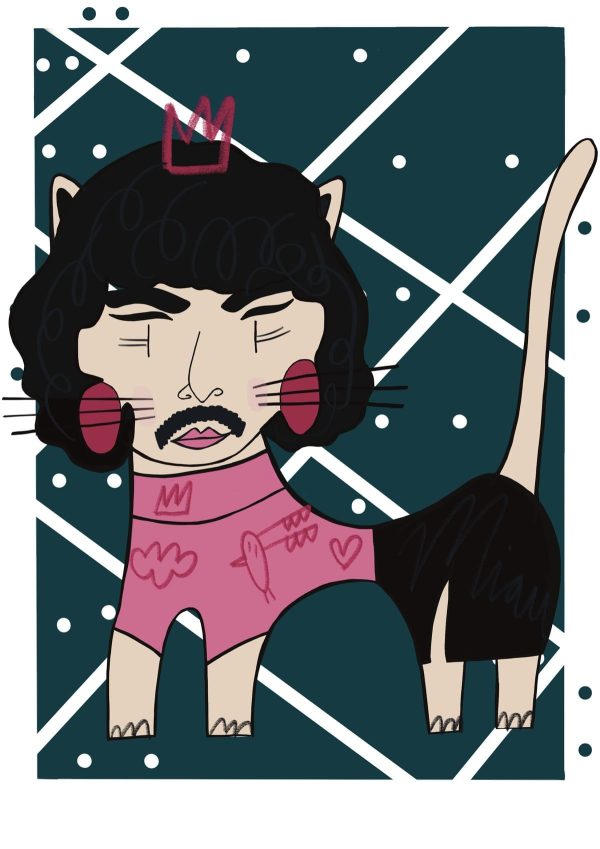 Ilustración de un gato inspirado en Freddie Mercury, reinterpretado con un estilo contemporáneo dentro de la colección Oh My Cat de Petita Lechatrose.